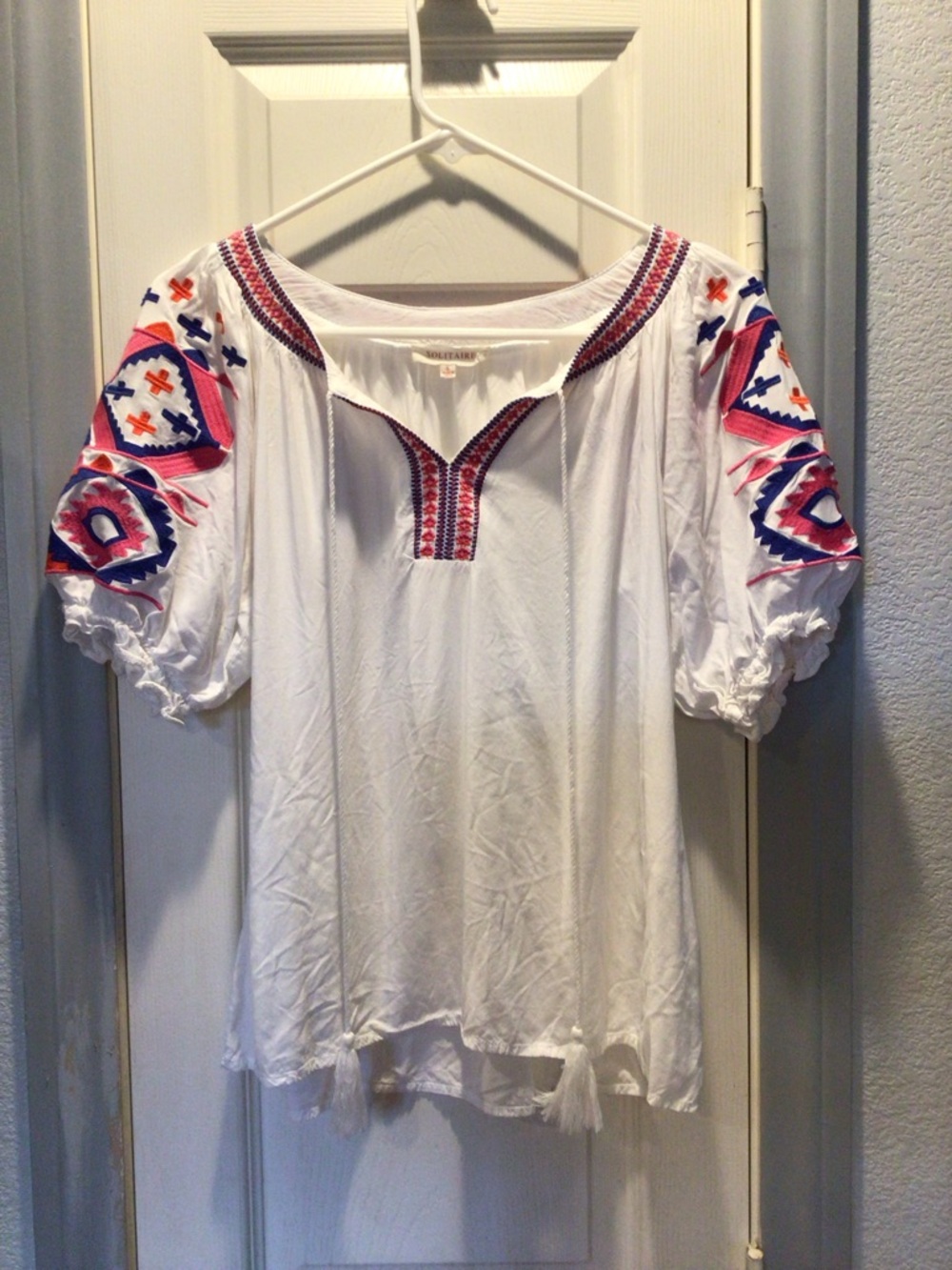 Solitaire White Peasant Blouse with Pink & Blue Embroidery